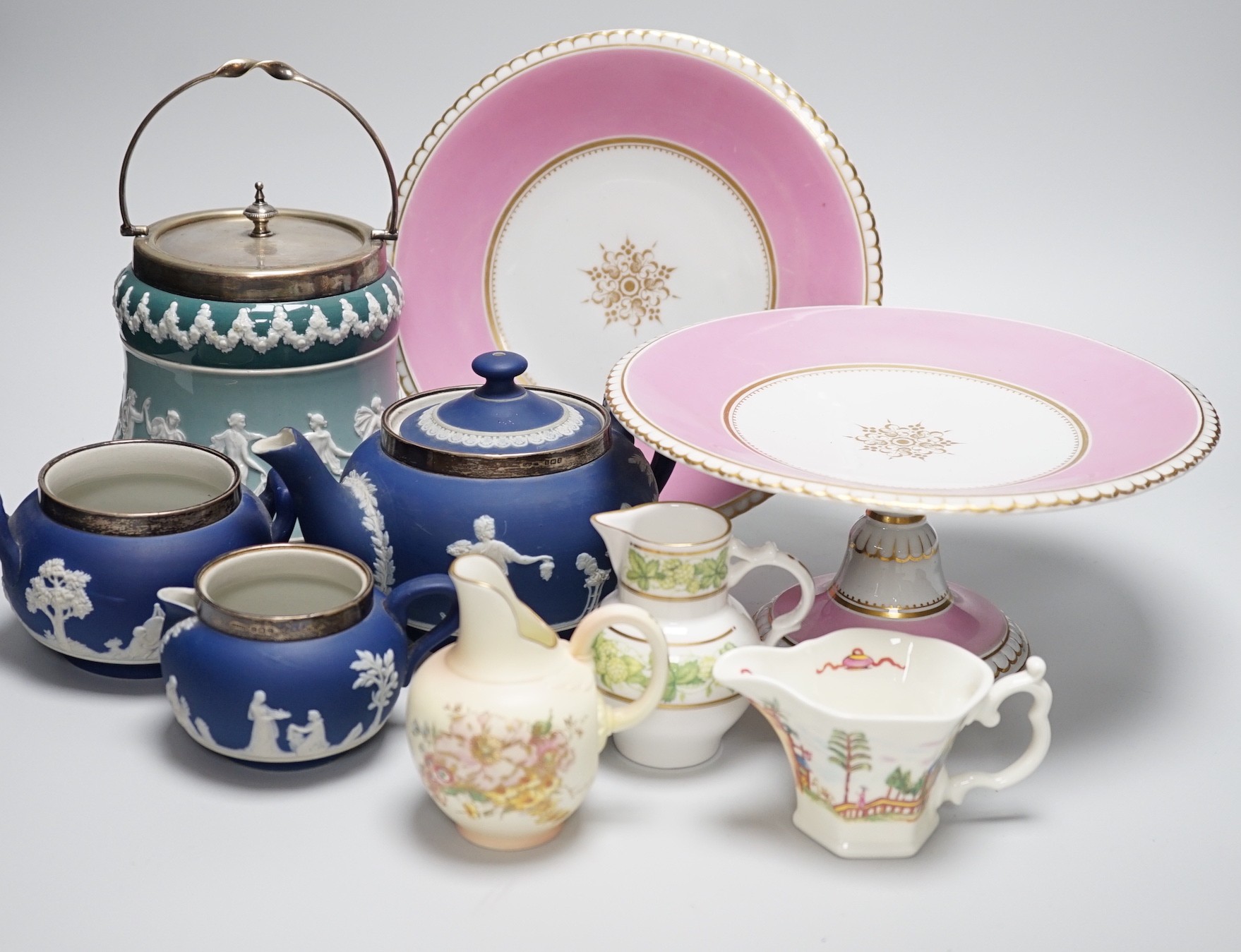 Grainger & Co. Worcester pink ground part dessert service, an Adams silver-mounted blue jasper teaset and five other items